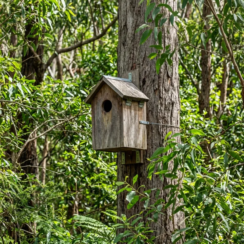 Animal nesting box installed as a humane alternative to a Mckinnon roof cavity