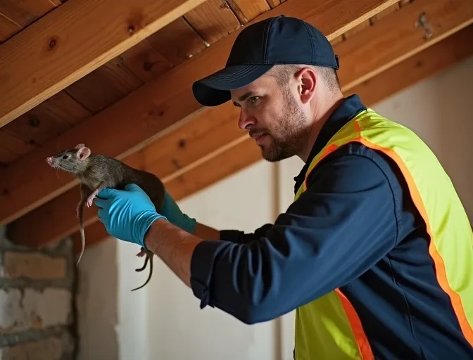 Technician inspecting a roof cavity for a dead rat in Mckinnon